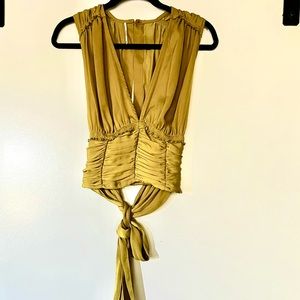 Free People olive green satin ruched sleeveless blouse in size medium!